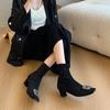 Fashion Soft Leather Square Toe French Retro Booties Rhinestone Square Buckle Non-Slip Mid-Heel Stretch Skinny Boots