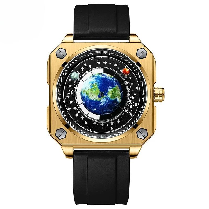 Часы Earth Watch для мужчин Вращающийся циферблат Земли Новый концепт Креативная синяя планета Немеханический указатель Силиконовый ремешок Мужские часы