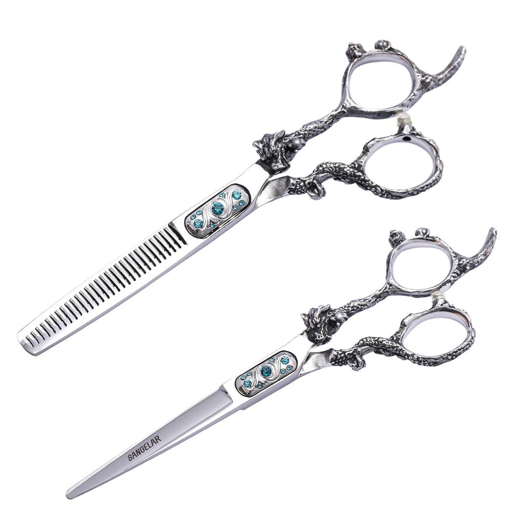 Sangelar 6 Inch Dragon Handle Hair Scissors Silver Professional Hairdressing Scissors Family Cut Fringe Shear,Beautiful Design