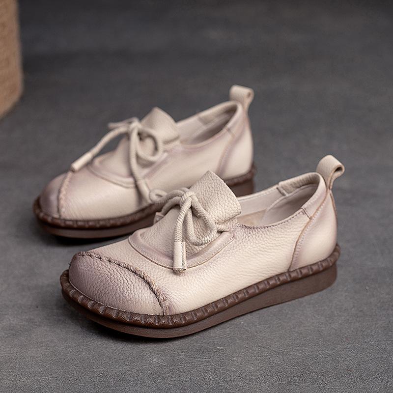 Women Flats Shoes Spring Round Toe Lace-up Genuine Leather Casual Loafers Handmade Comfortable Shoes