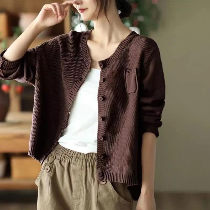 Весенний ретро хлопковый вязаный кардиган женский с воротником-стойкой, длинными рукавами, осенняя куртка, модная повседневная верхняя одежда