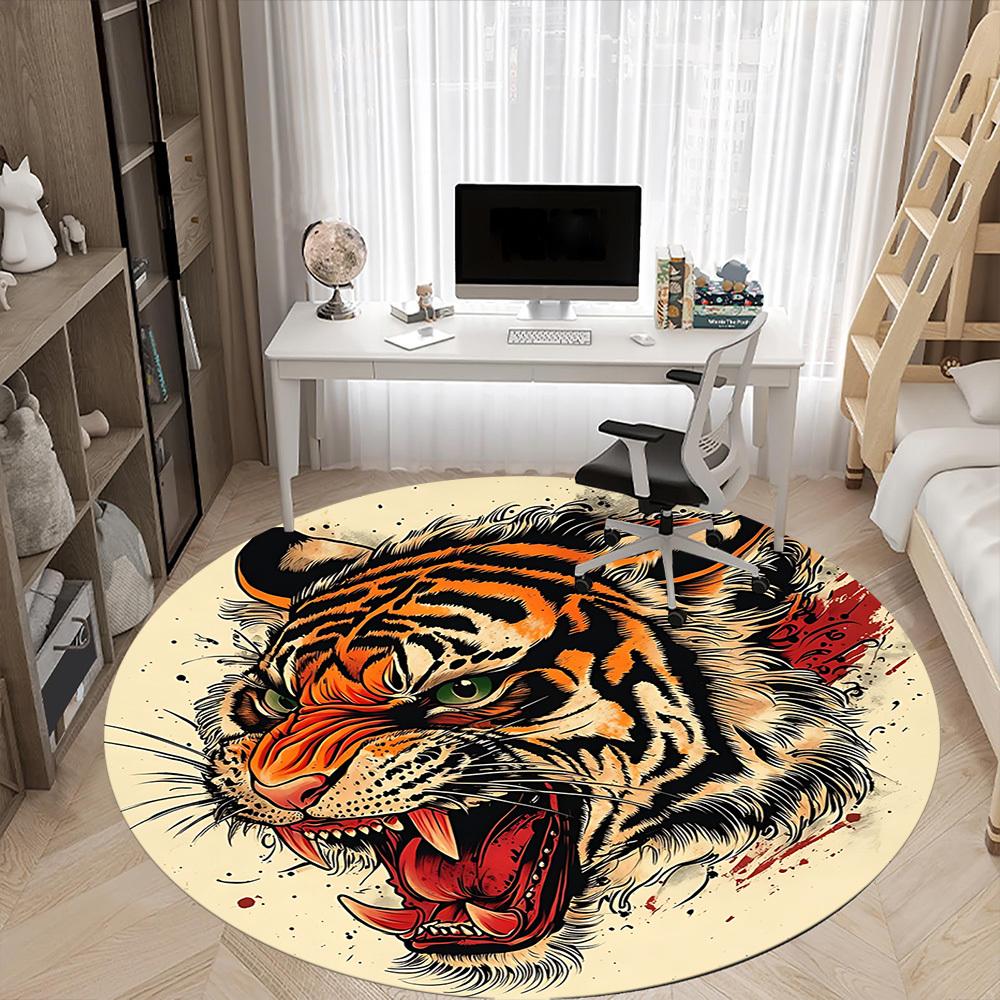 1 шт. Коврик для стула с дизайном головы тигра для офиса, Круглый нескользящий прочный большого размера офисный ковер, Подходит для офиса, Красивое украшение