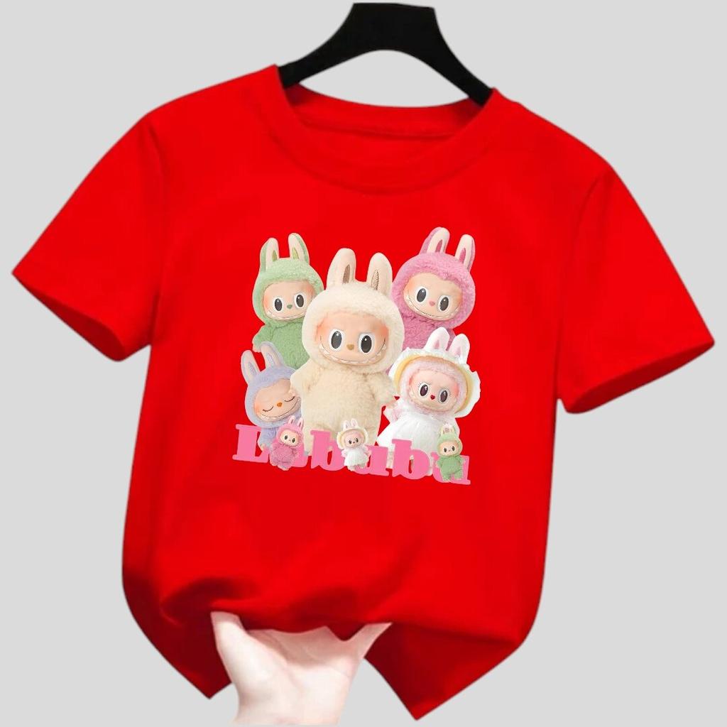 Новая детская футболка Labubu с множеством узоров LABUBU, круглым вырезом, короткими рукавами, повседневная, универсальный топ для девочек
