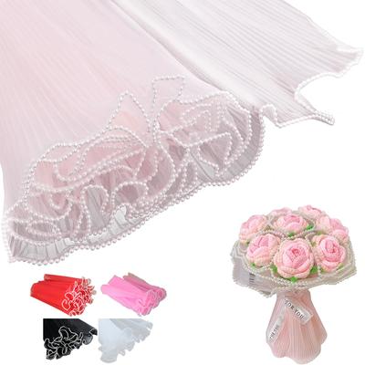 4,37 ярда, сетчатая пряжа для обертывания цветов, цветочная упаковочная бумага для букета с жемчужными краями, белая морщинистая волнистая сетчатая пряжа своими руками для свадьбы, дня рождения