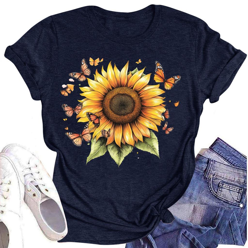 Женская повседневная футболка с круглым вырезом и цветочным принтом, короткий рукав