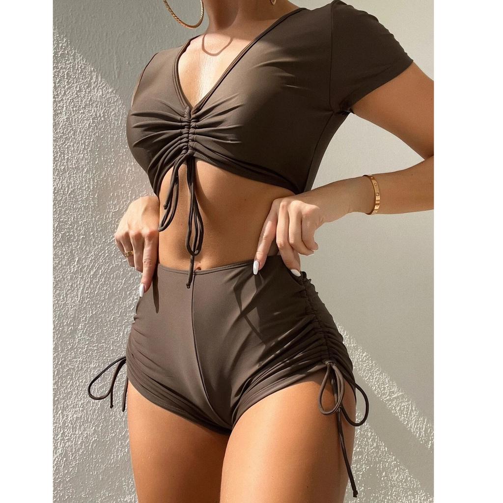 Women's Sexy Split High Waisted Short Sleeved Swimsuit Two-Piece Swimsuit Set