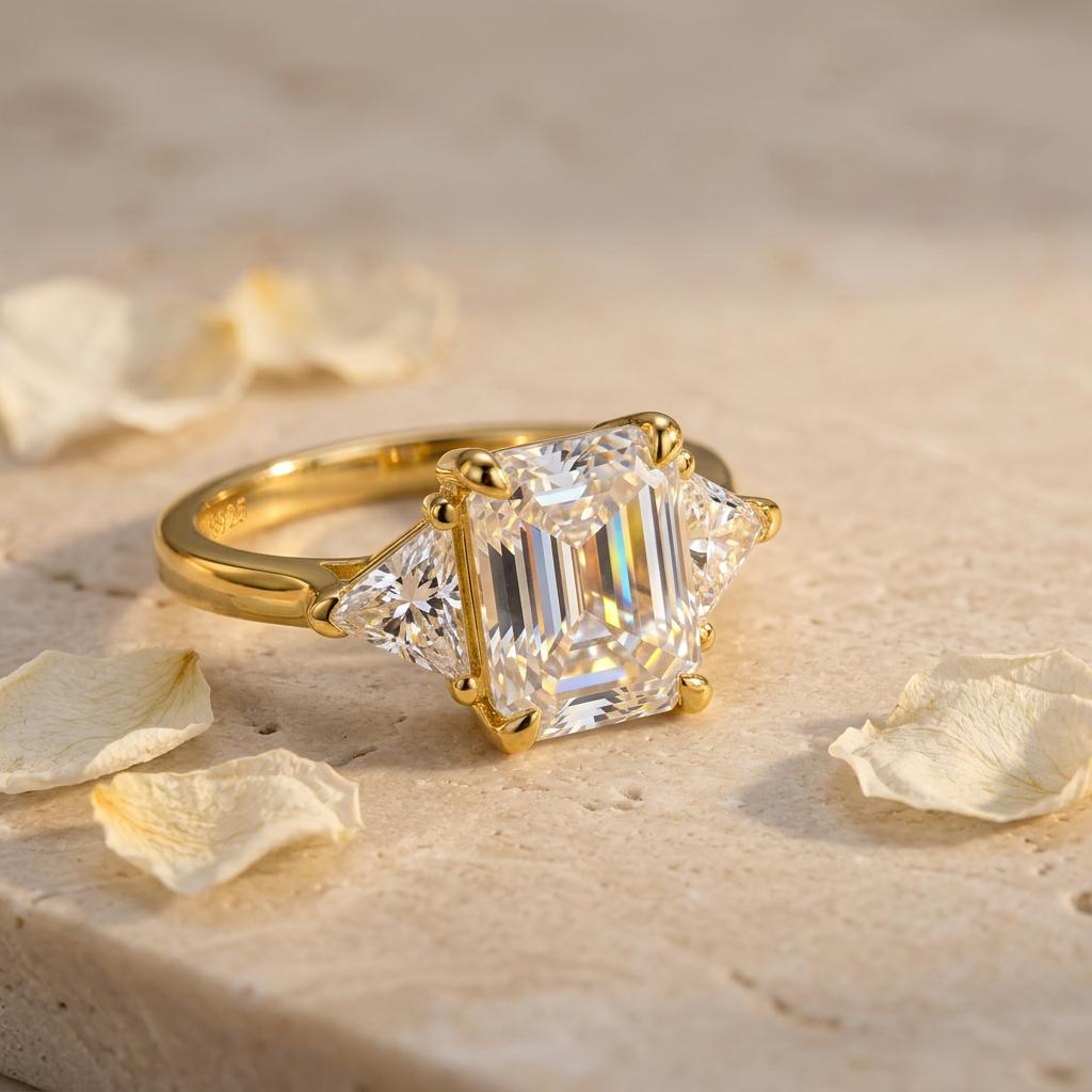 18K Gold Plated S925 Silver Emerald Cut Three Stone Moissanite Ring Triangle Side Stone Band Engagement Wedding Ring for Women
