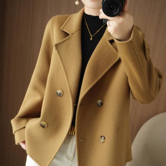 Women Fall Winter Woolen Coat Double-breasted Lapel Long Sleeve Loose Solid Color Thickened Warm Formal Business Style OL Commute Jacket