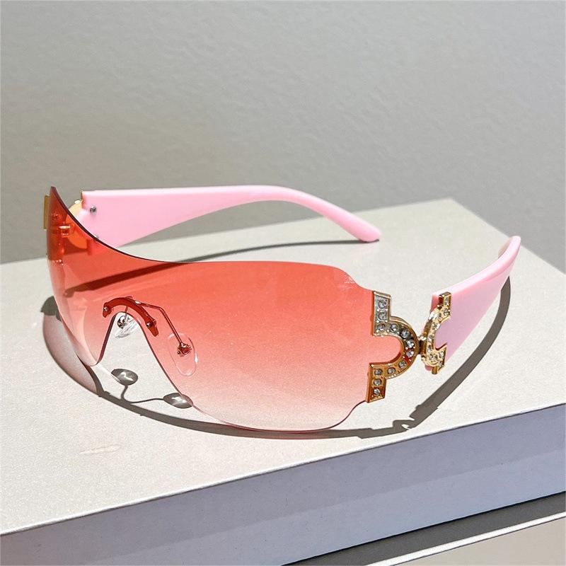 Безободковые Дизайнерские Солнцезащитные Очки Женские Оверсайз Трендовые Роскошные Солнцезащитные Очки Заклепка Бриллиант Панк Большие Очки Uv400