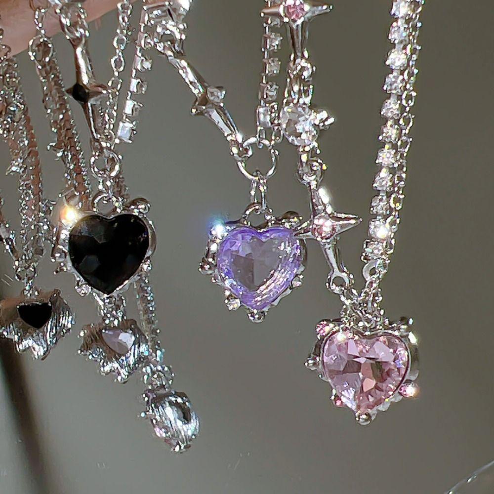 Кристаллическое сердце ожерелье кристаллическое сердце многослойная блестящая цепь Y2K ключичная цепь женщины девушки