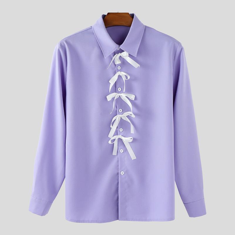 INCERUN Men Lapel Long Sleeve Front Bow Knot Back Twisted Casual Shirts