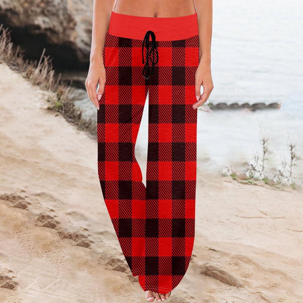 Женские удобные пижамные штаны с карманами, клетчатым принтом, широкими штанинами и завязками