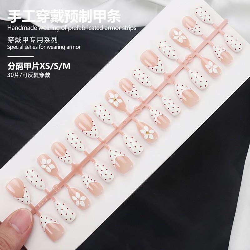 3D Embossed White Flower Red Dot French Press On Nails Floral Gentle Fake Women