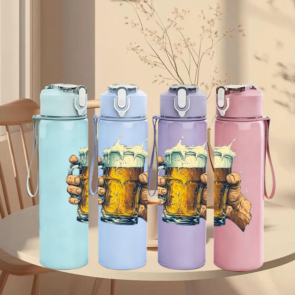 1PC Hand Hold Beer Mug Drink Print 750ml Color Plastic Sports Water Bottle Leakproof Flip Straw Lid Suitable for Sports Office Home Use