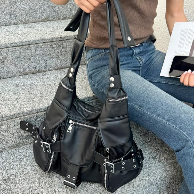 Y2K Dark Alien Motorcycle Shoulder Bag Women Men Streetwear Chic Tote With Rivets Soft PU Leather