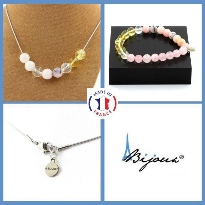 Pierres et Minéraux. Parure Bracelet Collier Perles Opale Rose + Quartz rose + Citrine + Taille personnalisable.
