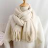 Winter Women Solid Color White Tassel Scarf Wool Finished Premium Dual Purpose Hand Knit