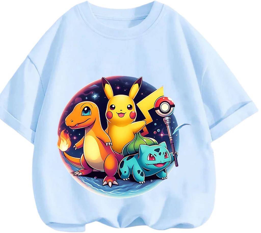Everyday Casual Short Sleeve T Shirt Pikachu Trendy Cartoon Print Lightweight Outdoor Wear Children 3 To 14 Years Old