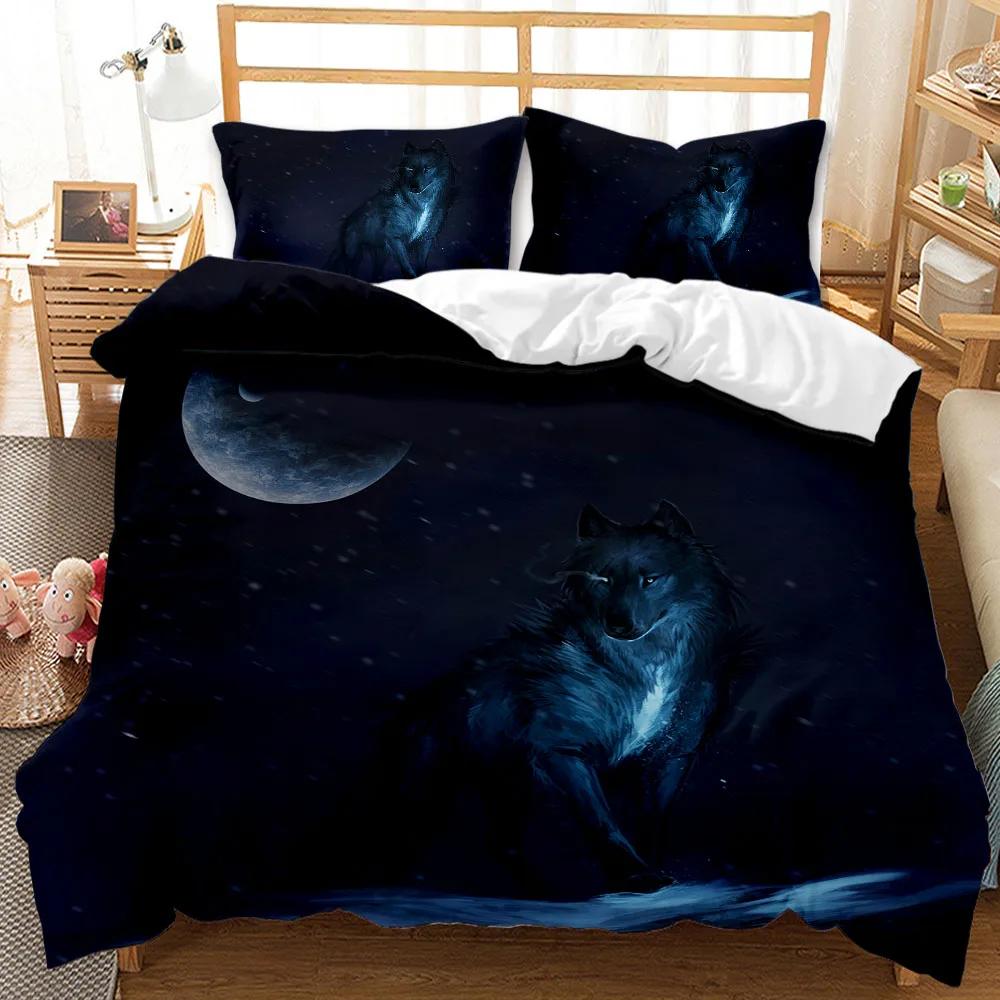 Wolf Duvet Cover Set 3D Animal Theme Bedding Set Retro Cool Wild Wolf Blue Sky Double Queen King Size Soft Polyester Qulit Cover