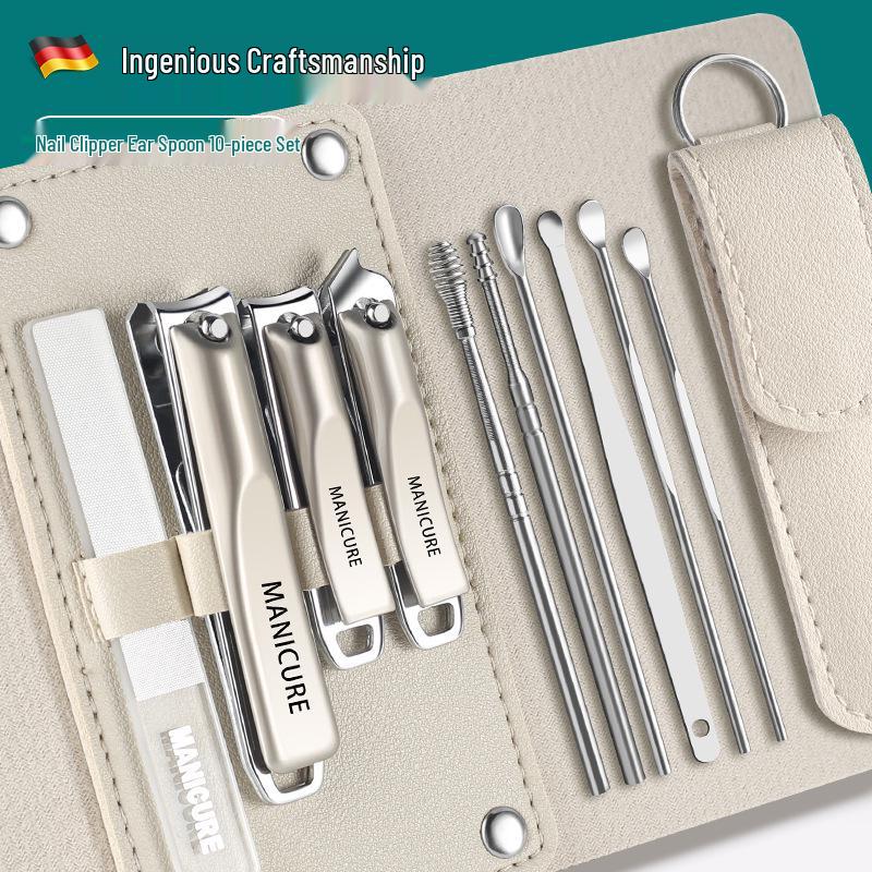 10-Piece Portable Manicure Set: Leather Case, Nail Clippers, File, Ear Pick, Cuticle Pusher.