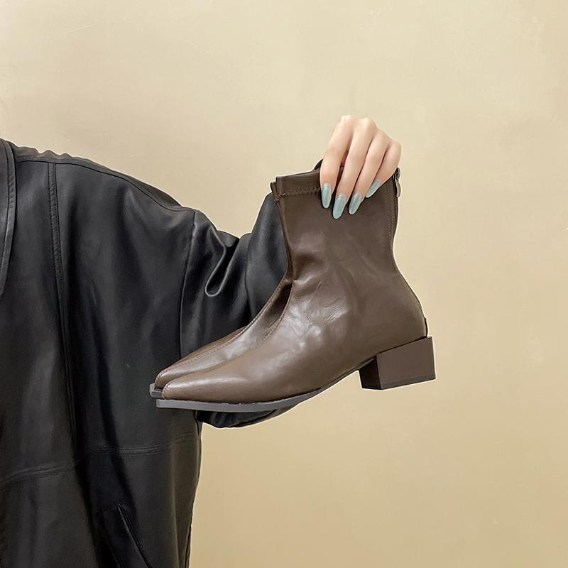 Весенне-осенняя мода Женские короткие ботильоны с острым носком и толстым каблуком Обувь Botas De Mujer