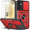 Case + 2 Tempered Glasses for Samsung Galaxy S25 - Shockproof Hard Back Ring Stand Reinforced Edge - Red