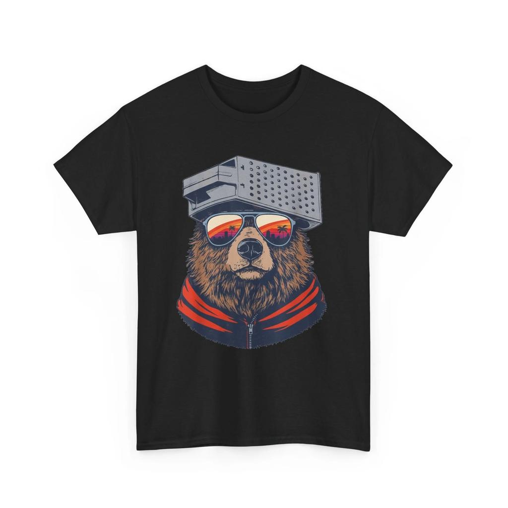 Retro Bear with Cheese Grater Hat and Sunglasses Sunset Art T-Shirt
