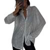 Women Summer Tops Shiny Sequins Decor Shirt Coat Solid Color Loose Fit Lapel Long Sleeve Buttons Placket Shirt Tops