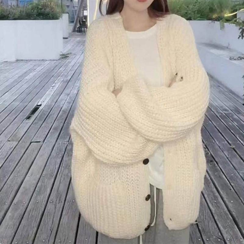 Мягкий зеленый ленивый ветер кардиган куртка свитер женский осень и зима свободный длинный рукав трикотаж верхняя одежда топы удобный универсальный и модный
