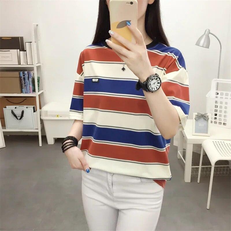 Женский летний этнический винтажный топ с короткими рукавами, полосатый круглый вырез, короткий рукав, большой размер, свободный пуловер