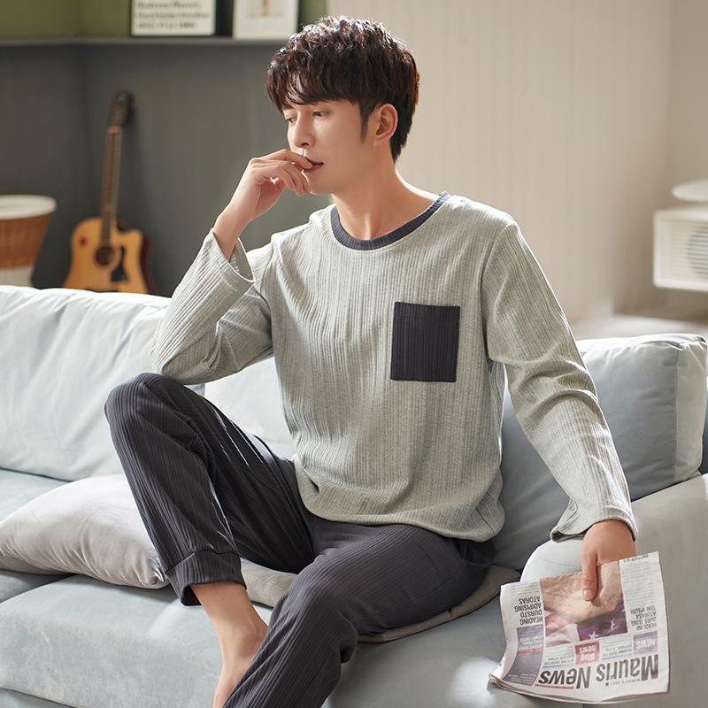 Пижамы мужские с длинным рукавом из хлопка весна и осень простой молодежный домашний костюм для отдыха можно носить