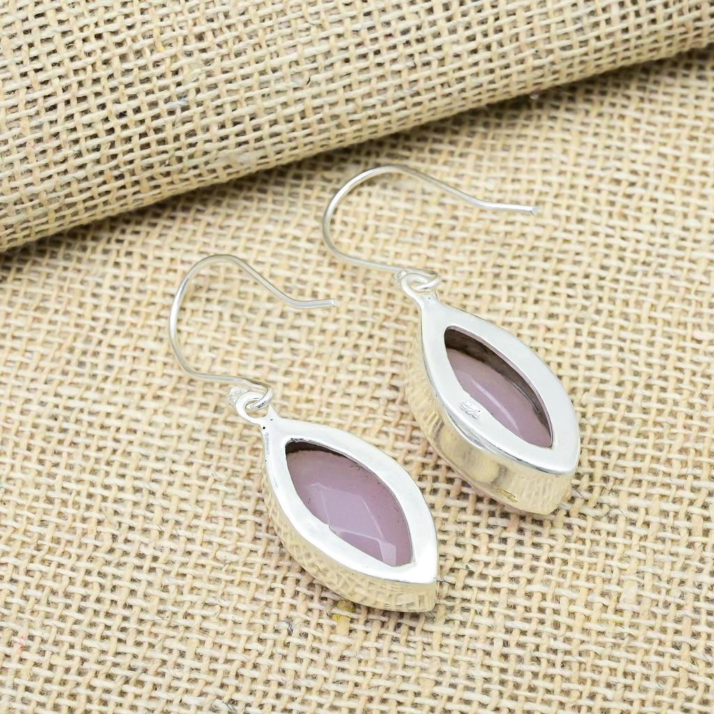 Pink Chalcedony Gemstone Handmade 925 Solid Sterling Silver Jewelry Dazzling Earrings Gift For Her