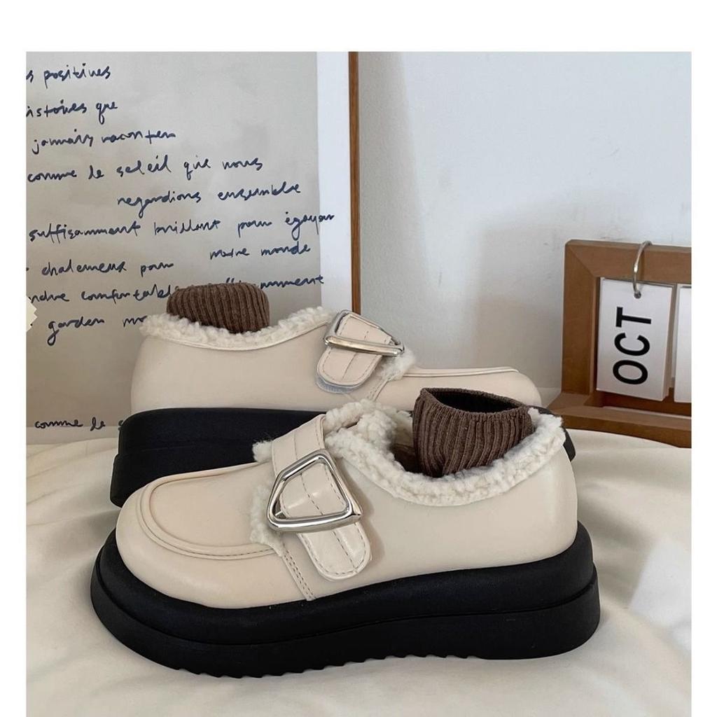 Platform Muffin Velvet Small Leather Shoes Women's 2025 New Autumn and Winter Warm Loafers Retro British Cotton Shoes Ins