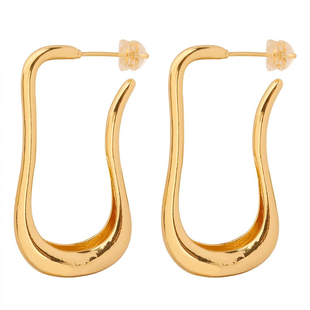 Retro Fashion Earrings High Niche Design Smooth Gooseneck Long Stud Earrings Copper Plated 18K Real Gold Earrings
