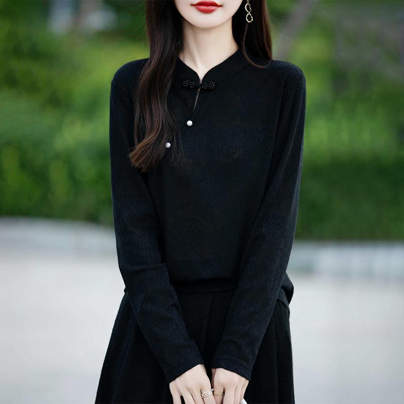 Осень и зима Новый китайский Женский трикотажный топ с пуговицей на пластине Мягкая рубашка в стиле ретро