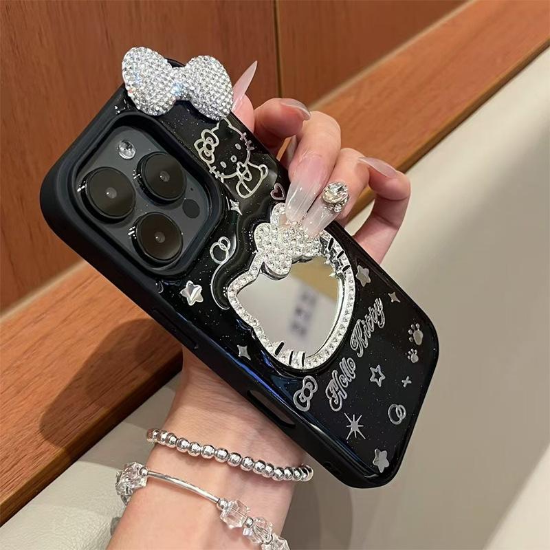 Применимый iPhone16Promax Зеркальный Китти Кошка Бант Звезда Блестки Чехол для Мобильного Телефона Apple 17 Женская Мода