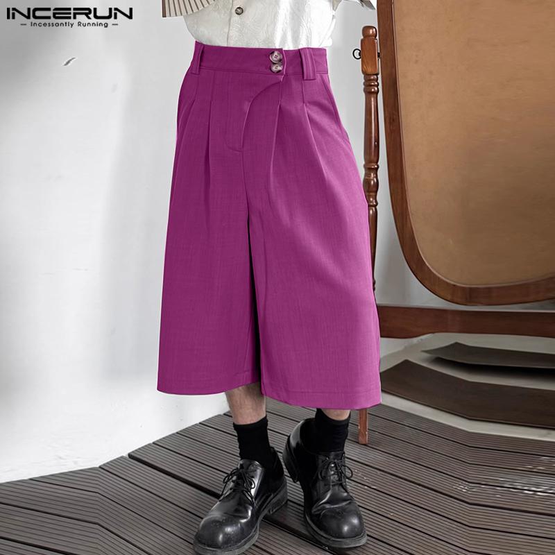INCERUN Мужские брюки-капри с высокой талией и молнией, однотонные, повседневные, свободные, прямые