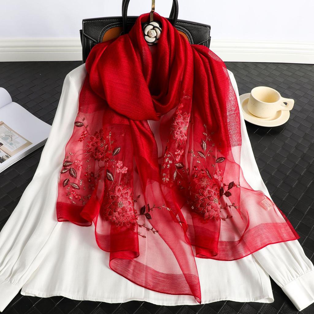New 2025 Silk Scarf for Women Embroidery Shawl Wraps Female Wool Floral Bufanda Beach Stoles Hijab Head Scarves Hijab Echarpe