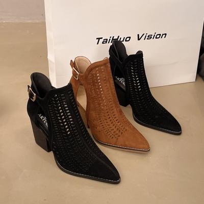 Мода 2025 Новые Ретро Острый Носок Массивный Каблук Полые Женские Туфли-Лодочки Сандалии Флоковые Высокие Каблуки Пряжка Офисная Леди Женская Обувь Летние Ботильоны