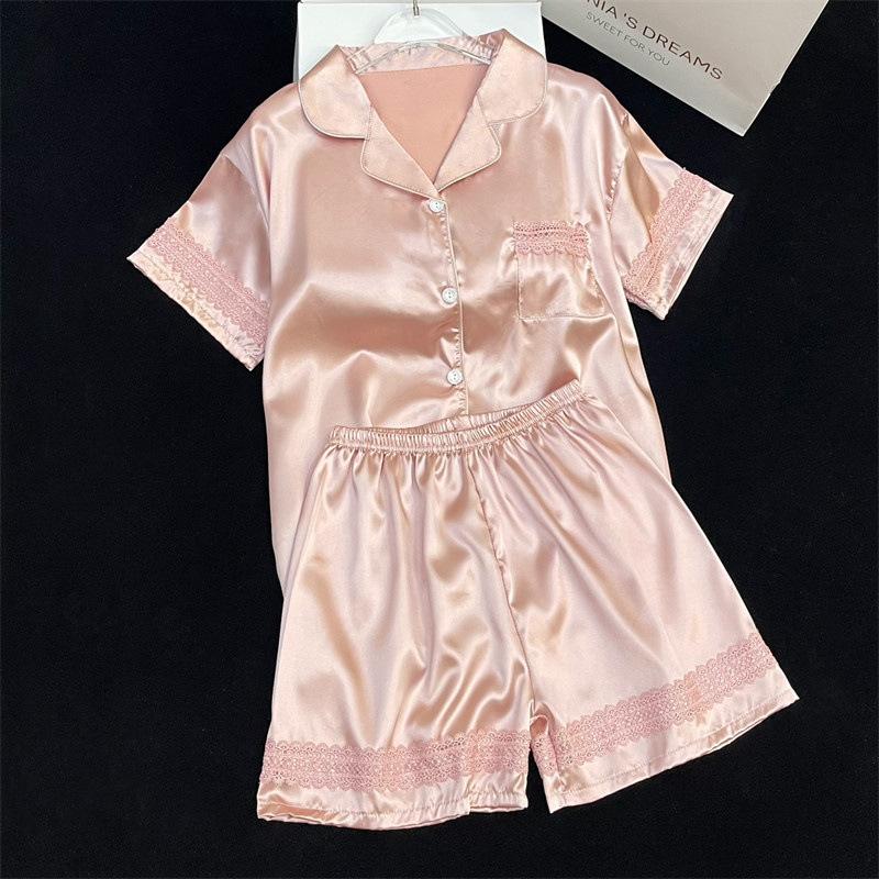Solid Color Ice Silk Pajamas Women'S Summer Thin Foreign Style High-Value Short-Sleeved Loungewear Two-Piece Set Can Be Worn Outside