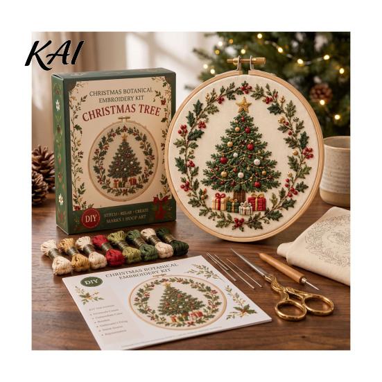 Home Decor Handmade Embroidery Christmas Kit for Beginners, Pre-Printed Pattern Full Set Tree Hanging Ornaments of Tools, DIY Needlework Festive Wall