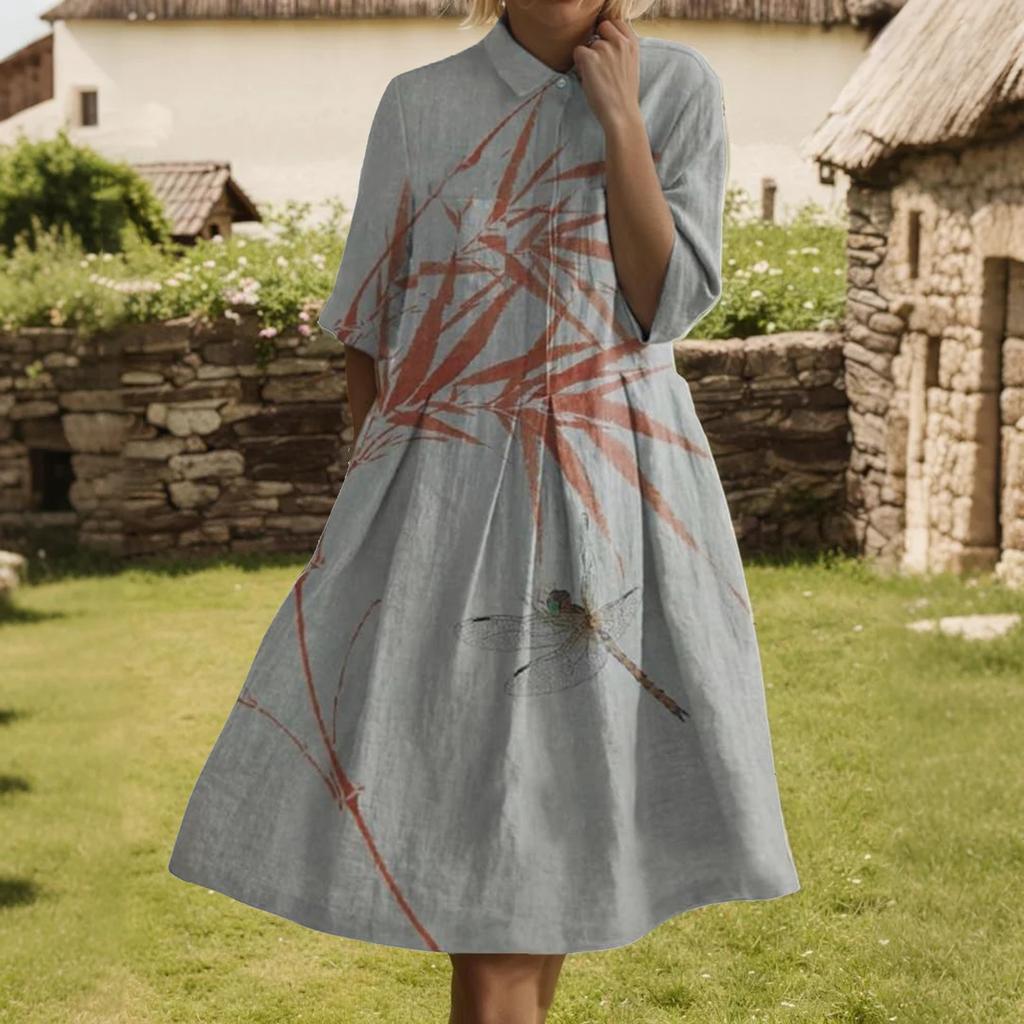 Dress For Women Elegant Casual Smocked Button Lapel Short Sleeve Knee Length Dress