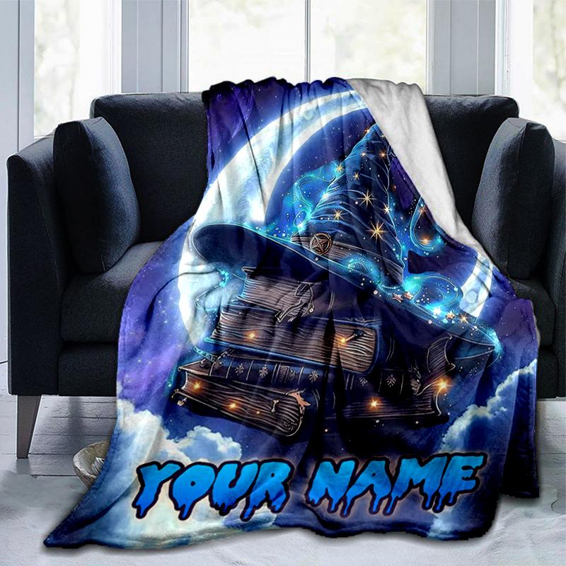 1PC Custom Name Magic Hat Books flannel blanket versatile,all-season throw suitable for the living room,bedroom,camping,travel,and gift