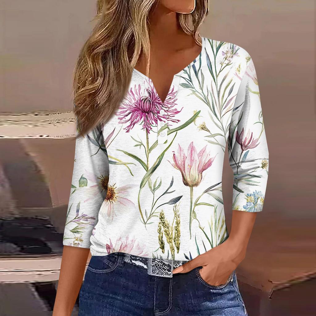 Женская модная повседневная футболка с цветочным принтом, V-образным вырезом, коротким рукавом, декоративными пуговицами и рукавом три четверти