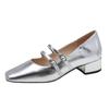 Spring Woman New Fashion Shallow Flats French Retro Silver Square Head Line with Chunky Heel Non-slip Mary Jane Women's Shoes