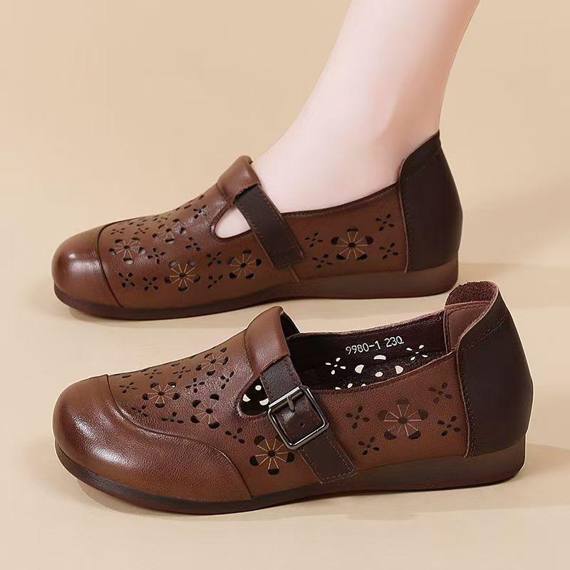 Женские кожаные босоножки с открытым носком на плоской подошве, летние, новые, с мягкой подошвой, нескользящие, ретро, с круглым носком, легкие, без застежки, туфли-пещеры