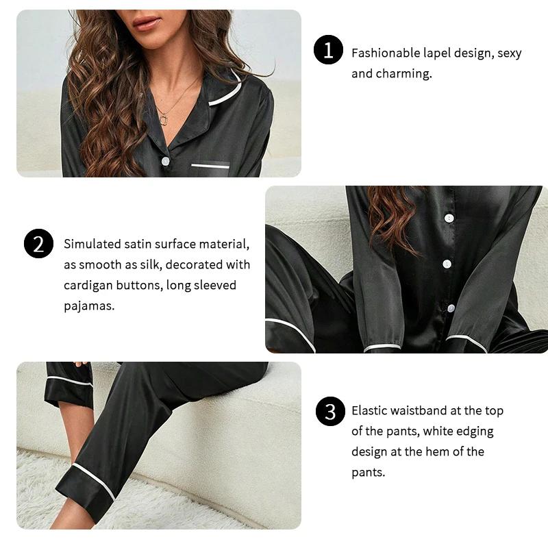 Плюс размер осень-зима шелковый атлас женский пижамный комплект топ на пуговицах и брюки комплект из 2 предметов пижамы однотонная ночная одежда домашняя одежда
