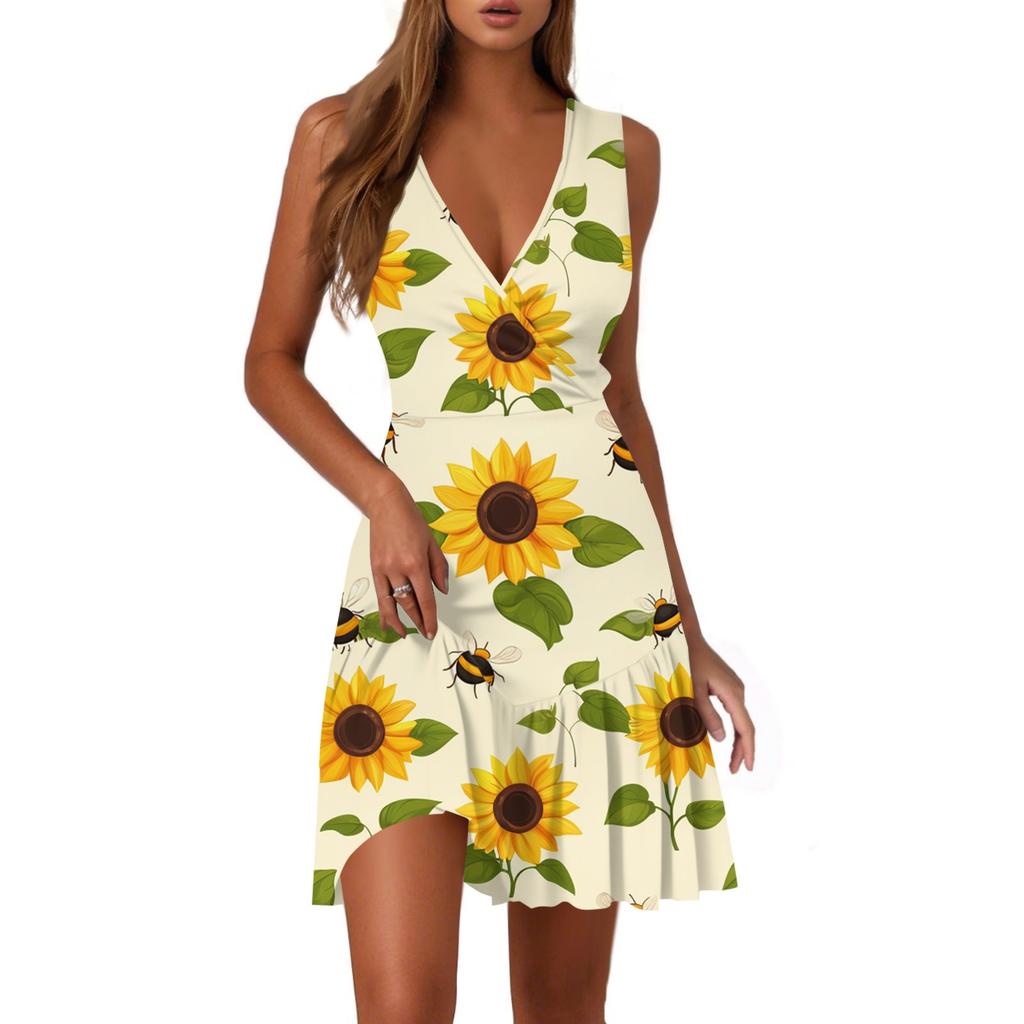 Ladies Casual Fashion V-Neck Sleeveless Print Dress