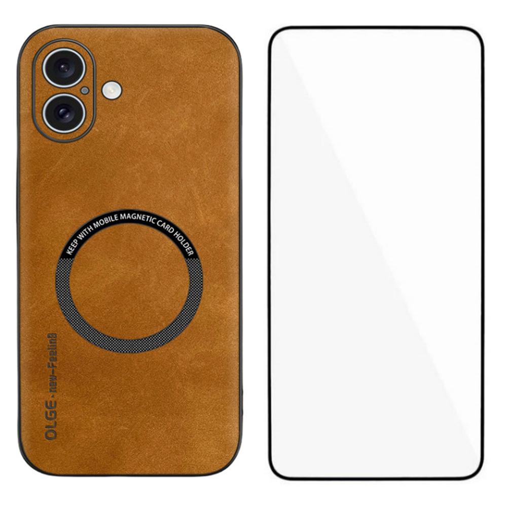 For iPhone 16 Magnetic Case with Tempered Glass Film PU Leather+TPU Phone Cover Precise Cutouts