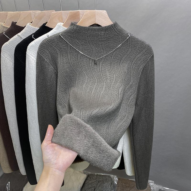 Цельный бархатный свитер, женский толстый бархатный пуловер, полувысокий ворот, вязаный свитер, внутренний топ, модный на осень и зиму